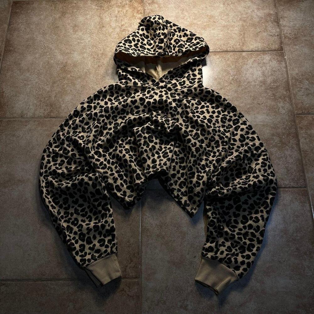 Vintage Leopard Cheetah Print H&M Cropped Hoodie Crop Top Jacket size S